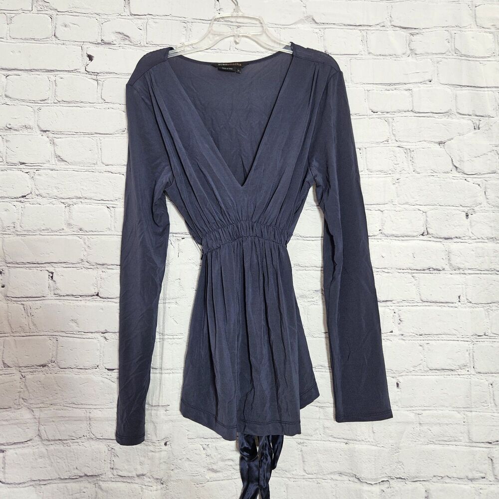 VTG BCBG Maxaxria Top Womens Size L Blue Silk Wrap Glam Club Y2K V Neck